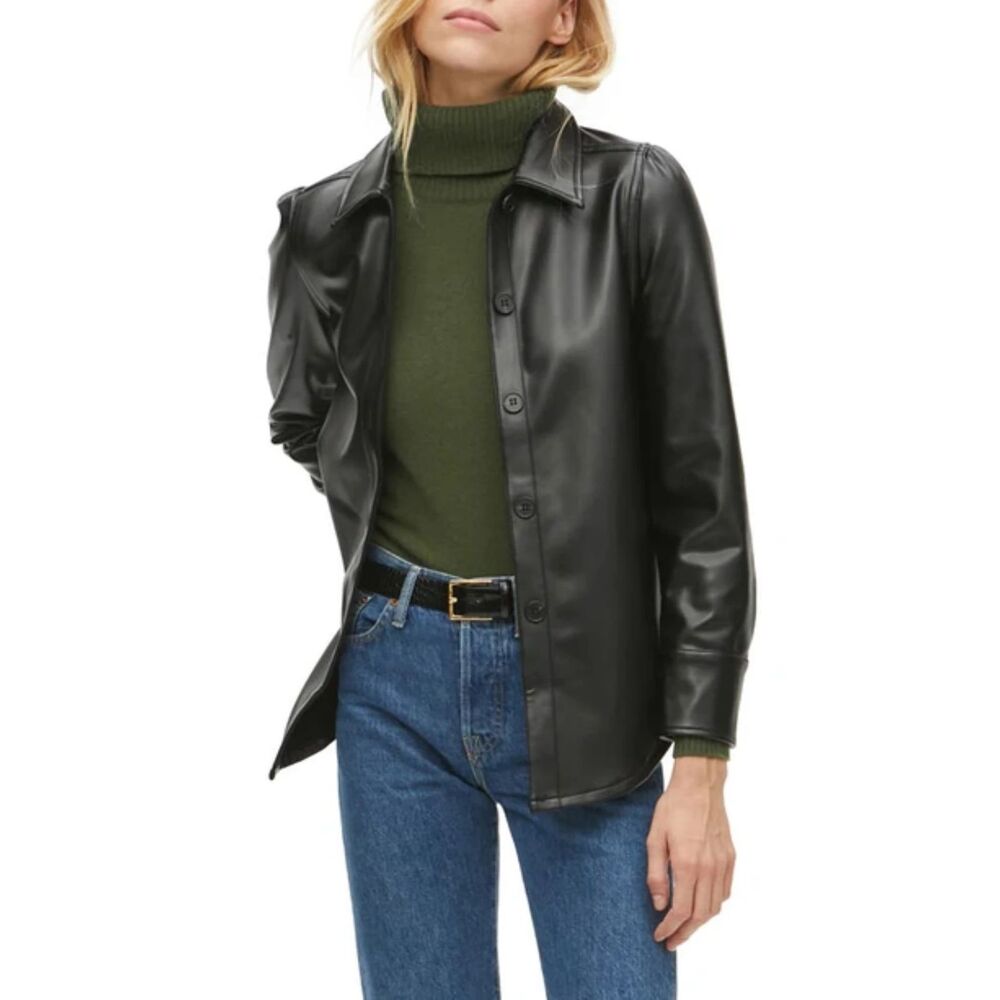 NWT Michael Stars Babe Black Vegan Faux Leather‎ Shacket Size Large